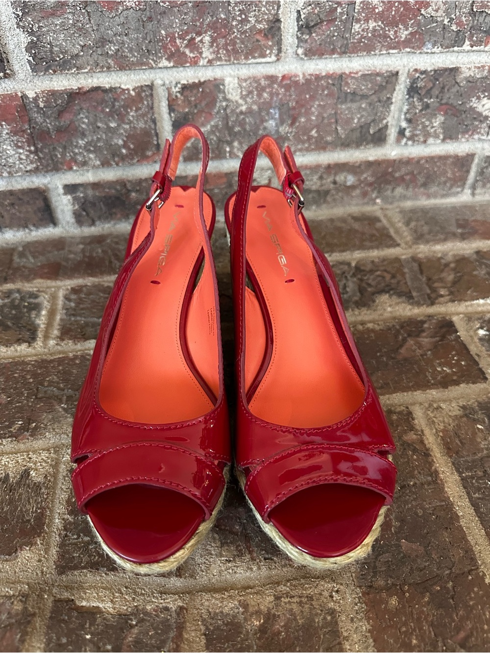 VIA SPIGA Red Patent Leather Espadrille Platform Wedge Sandals | 8.5